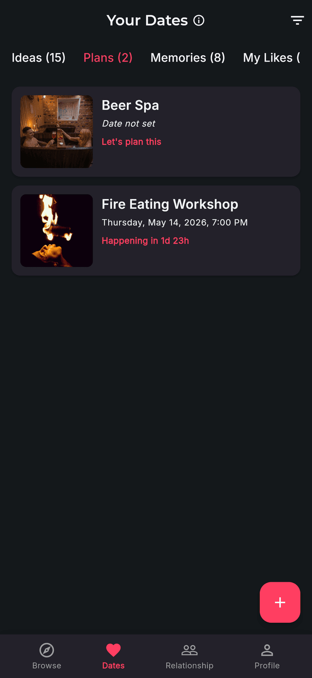 Upcoming shared date plans in the Bonded app